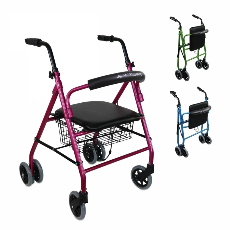 Déambulateur pliant | Siège et dossier | Aluminium | Panier | Pour personnes âgées | Rose | Prado | Mobiclinic